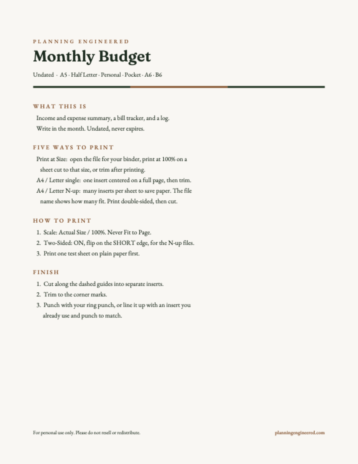 Undated Monthly Budget and Bill Tracker Insert