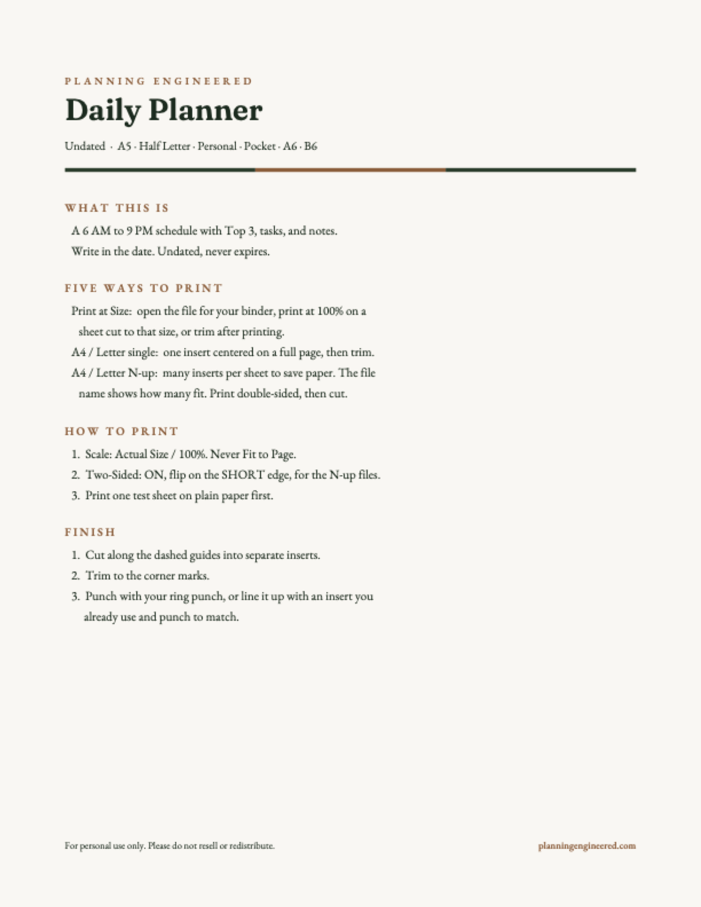 Undated Daily Planner Insert