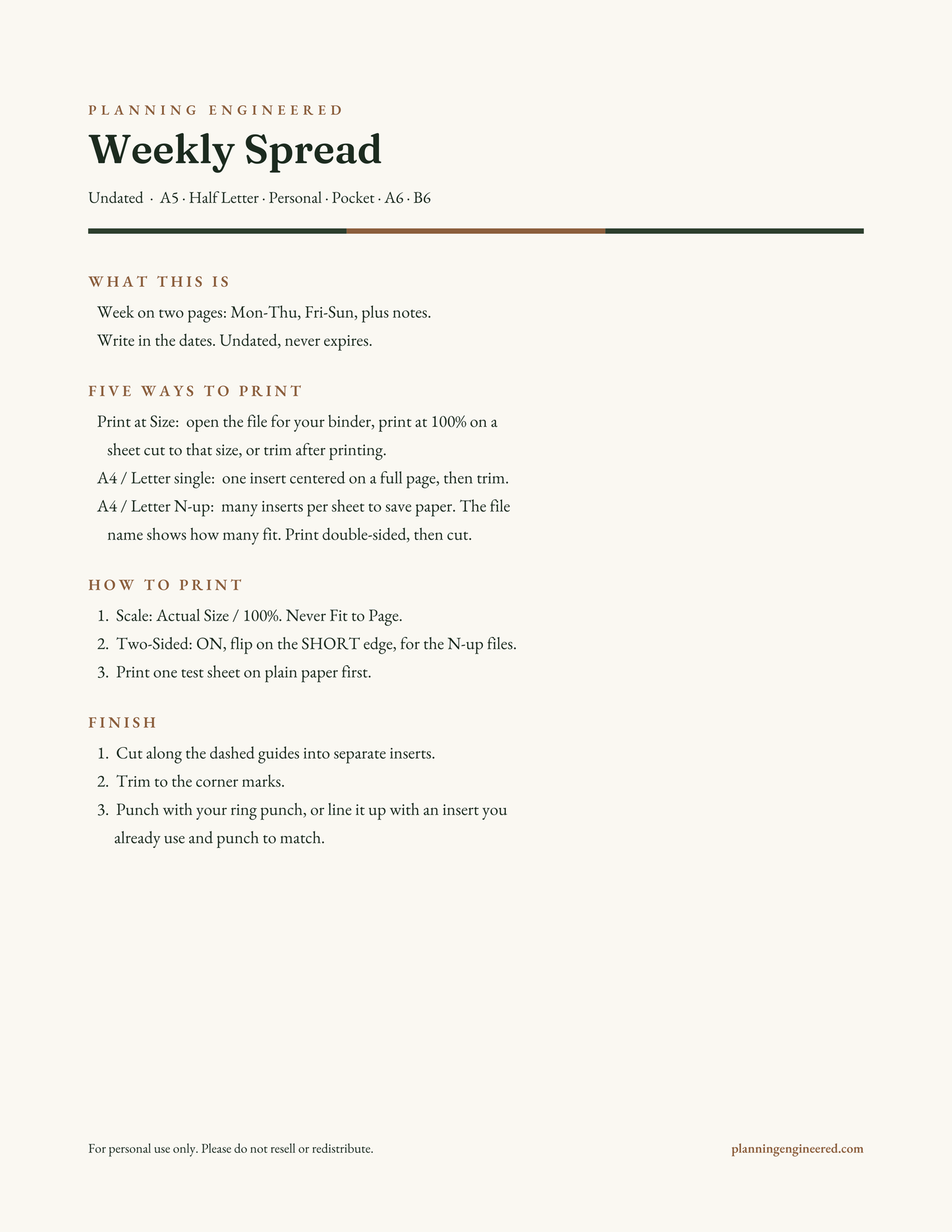 Undated Weekly Planner Insert (Week on Two Pages)