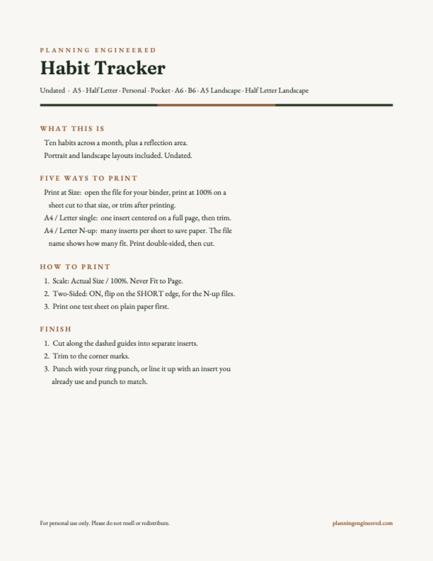 Undated Habit Tracker Planner Insert