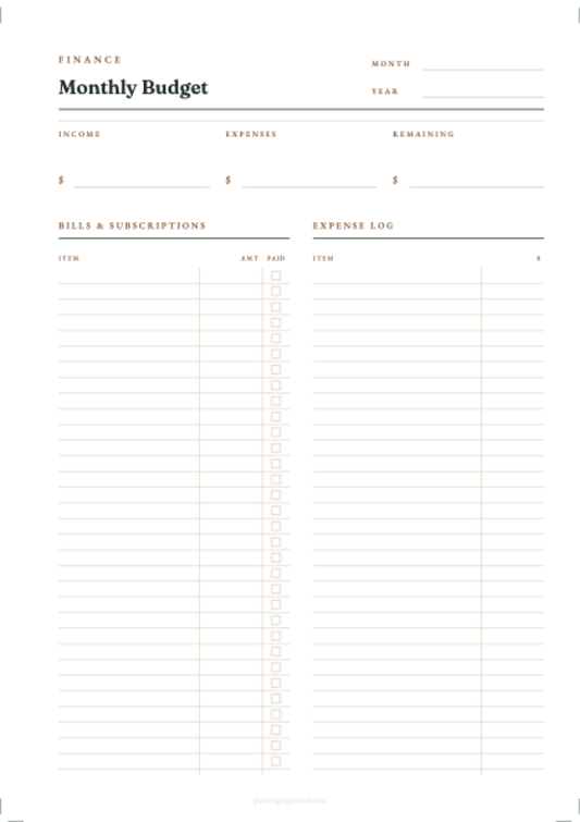Undated Monthly Budget and Bill Tracker Insert