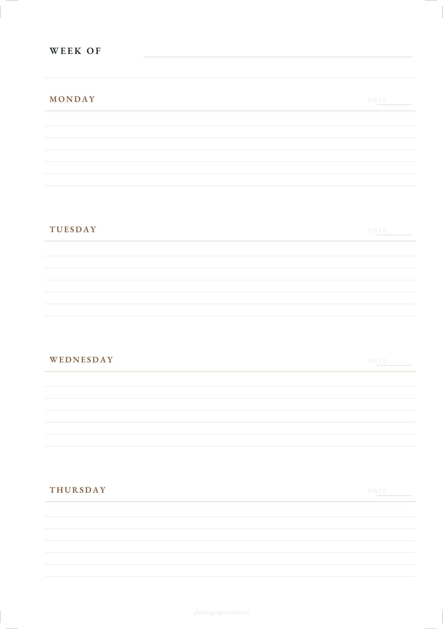 Undated Weekly Planner Insert (Week on Two Pages)