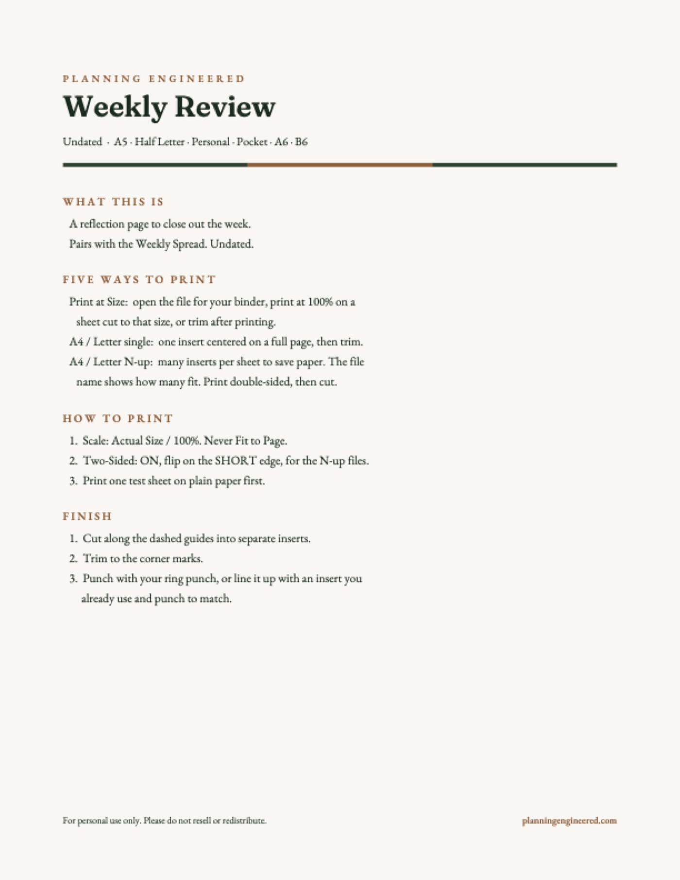 Undated Weekly Review Planner Insert