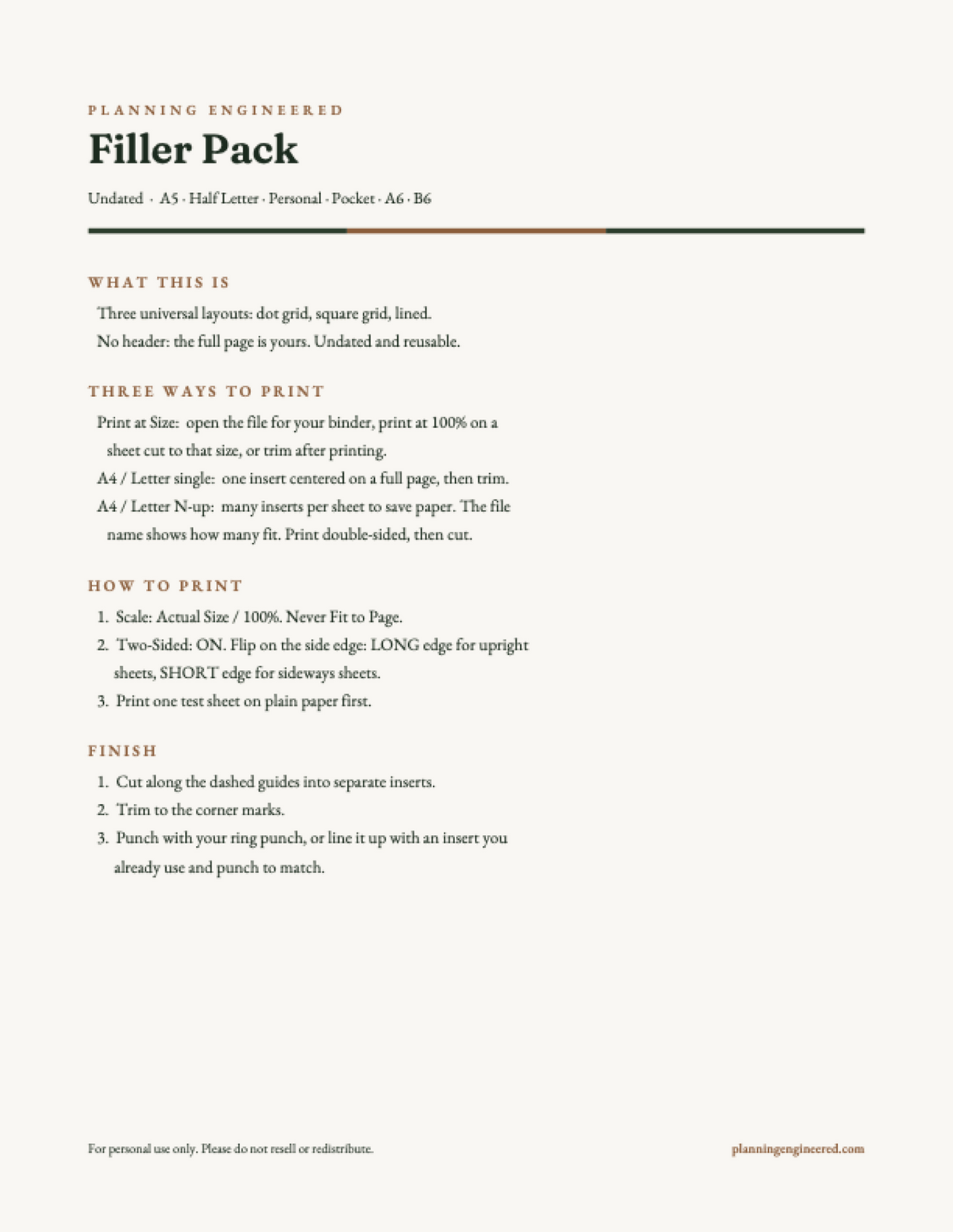 Print and Use card for Planner Filler Pack, with printing, trimming and hole-punching instructions