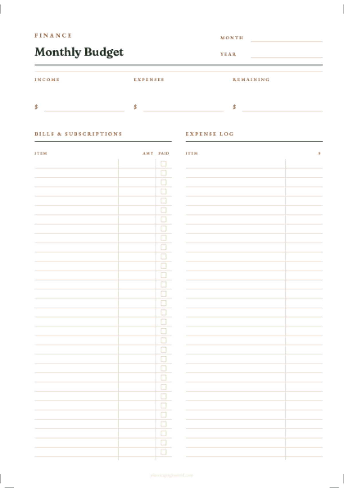 Monthly Budget layout for The Complete Set, flat preview of the printable page