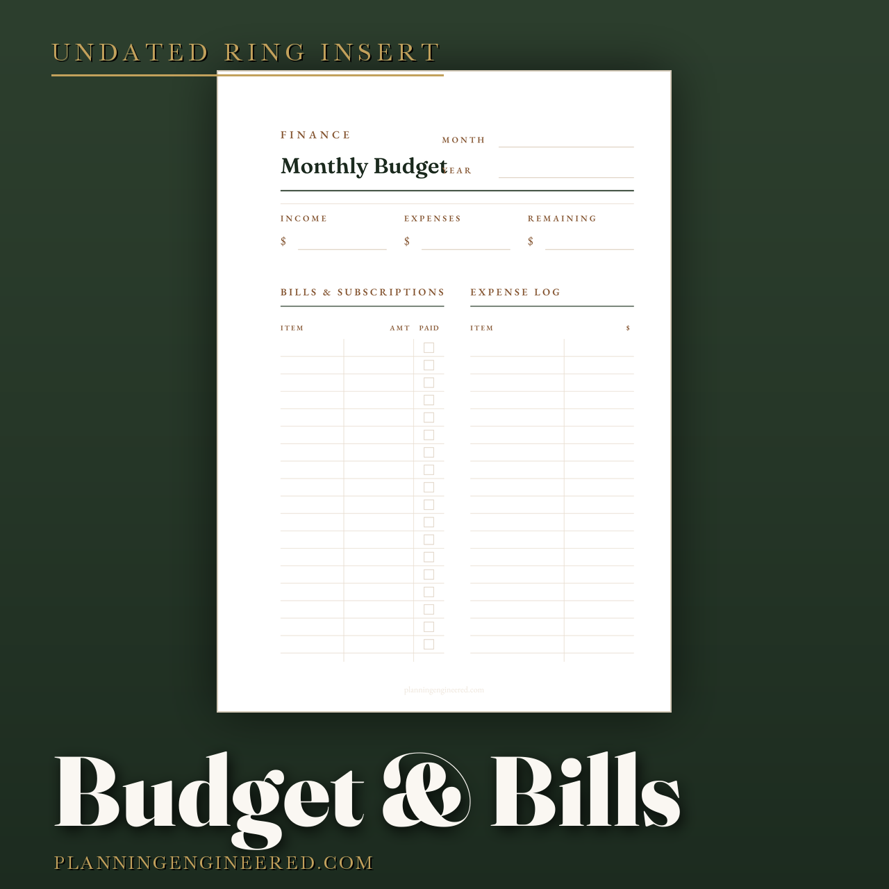 Undated Monthly Budget and Bill Tracker Insert