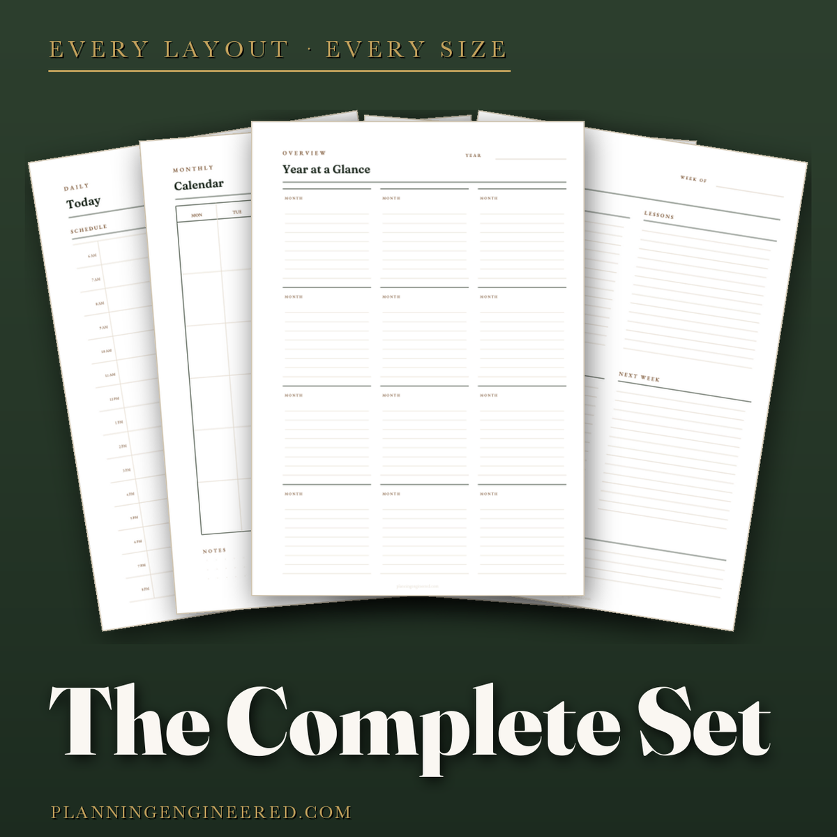 The Complete Set cover showing the Daily, Monthly Calendar, Monthly Budget, Weekly Review and Year at a Glance pages fanned out
