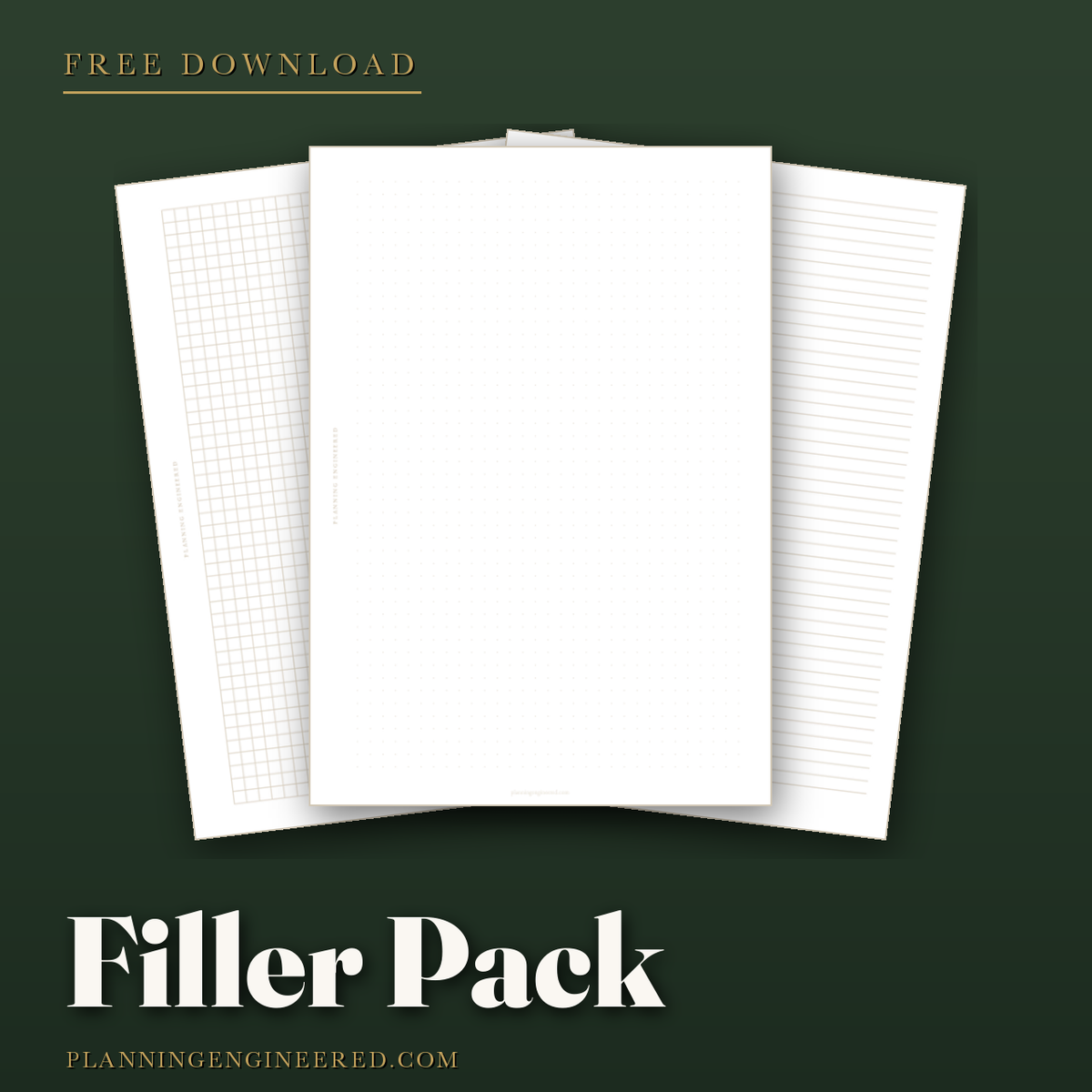 Planner Filler Pack cover: dot grid, lined, and square grid pages fanned out