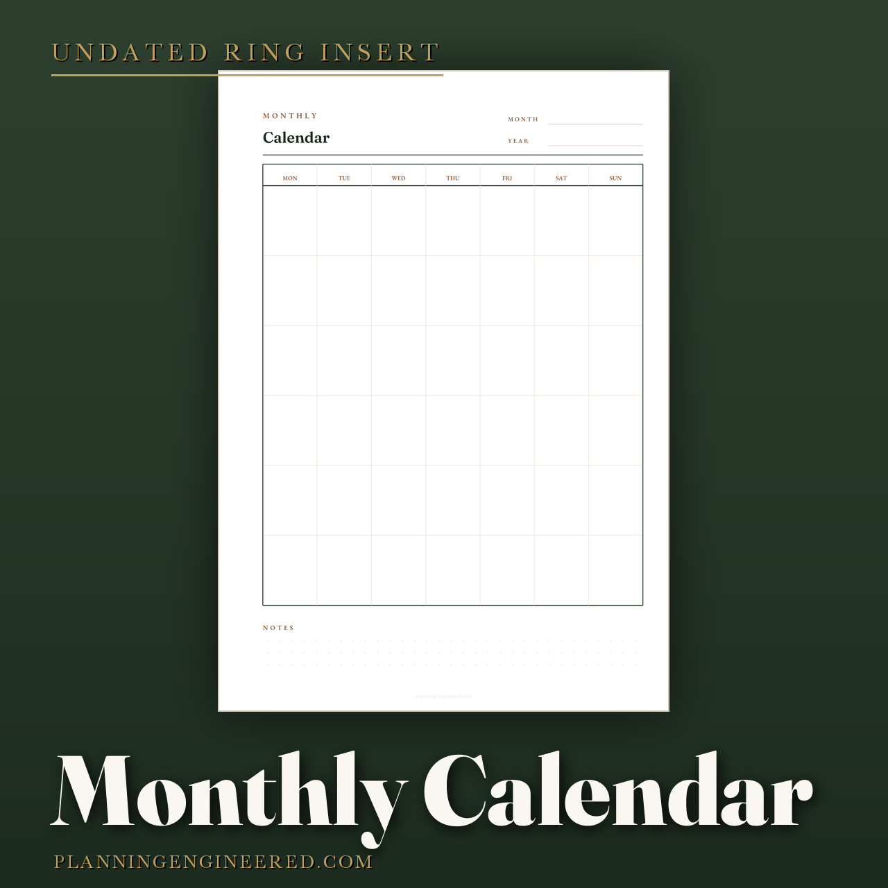 Undated Monthly Calendar Planner Insert